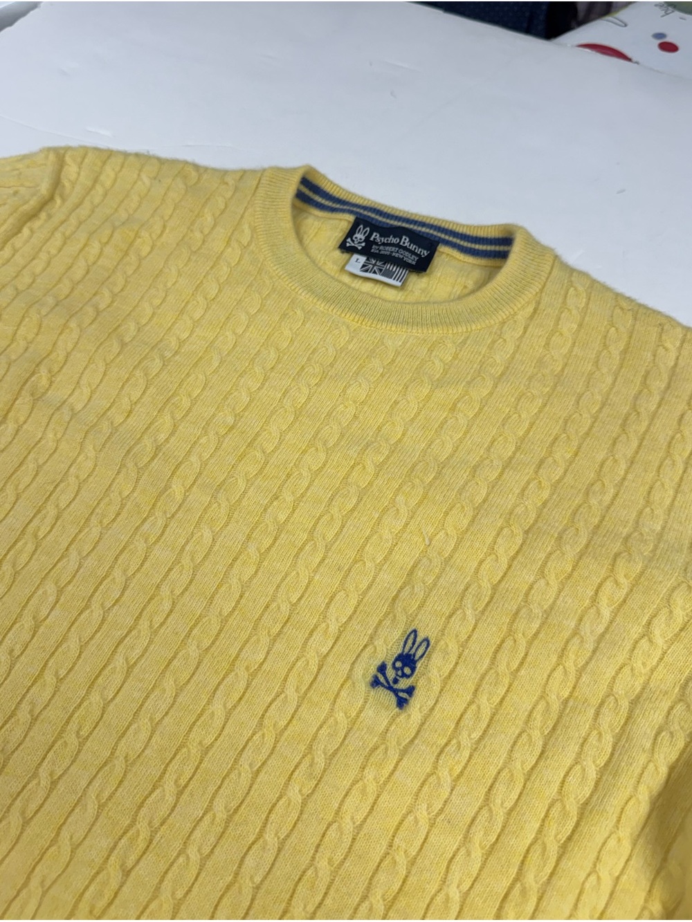Psycho Bunny Cable Knit Sweater Mens Medium Yellow 100% Geelong Wool Preppy Crew